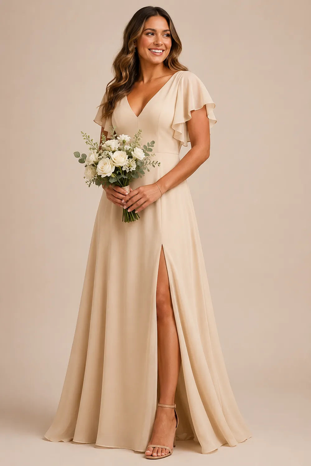 Flowing Flutter Sleeve Bridesmaid Dress