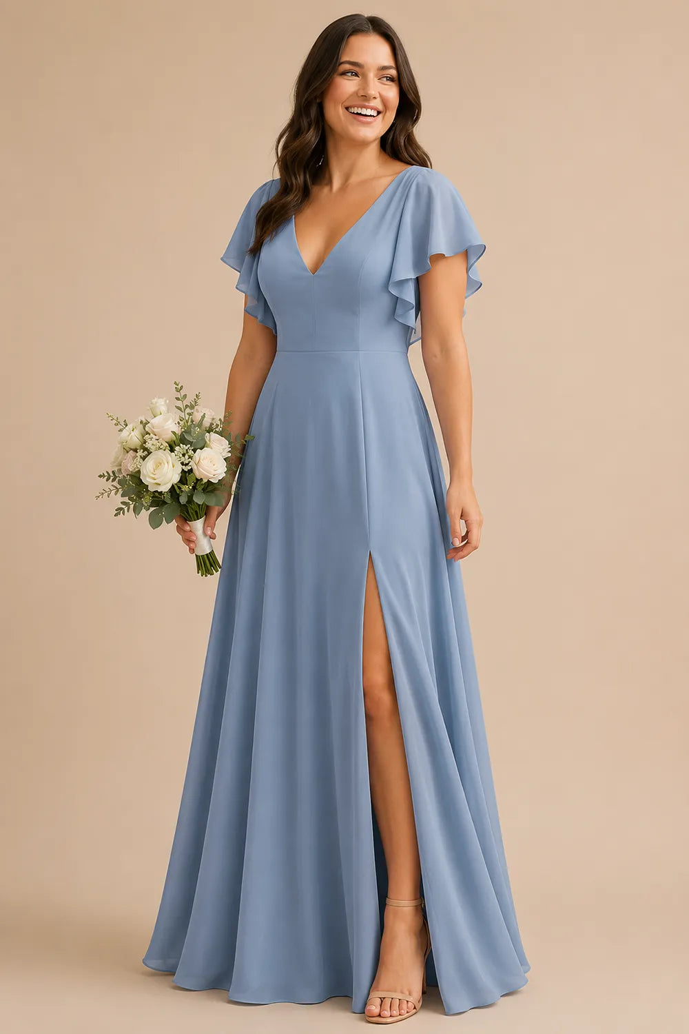 Flowing Flutter Sleeve Bridesmaid Dress