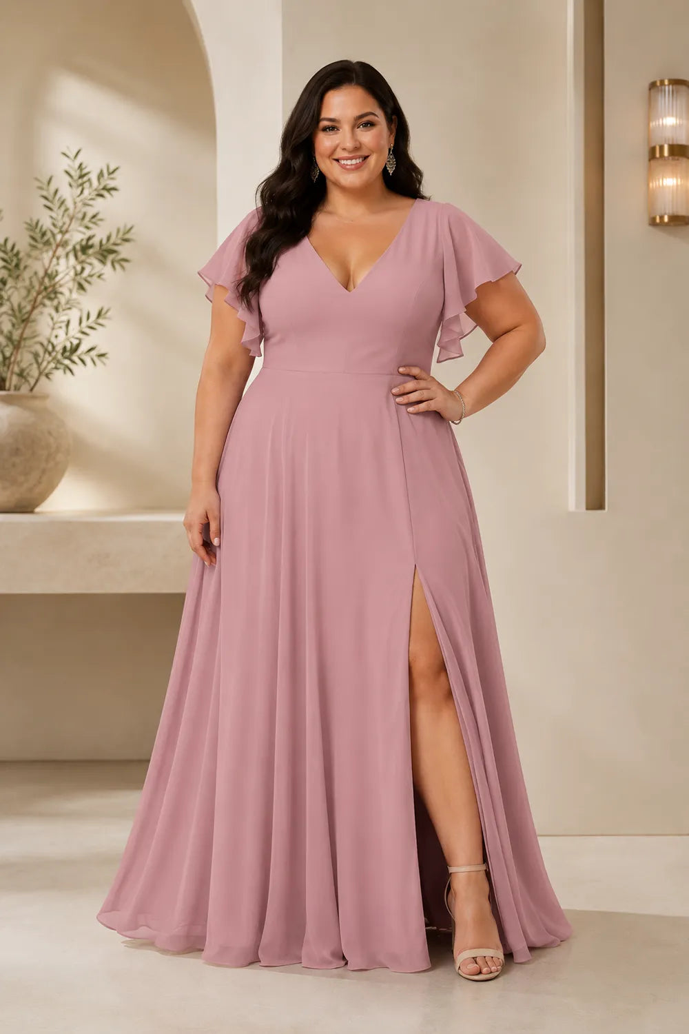 Flowing Flutter Sleeve Bridesmaid Dress