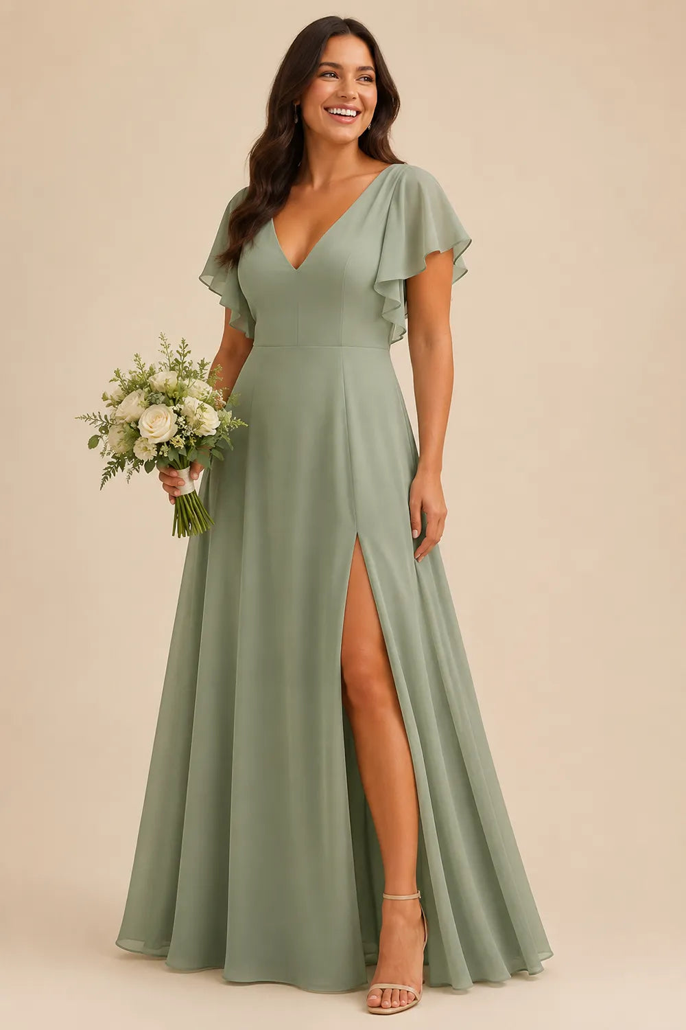 Flowing Flutter Sleeve Bridesmaid Dress