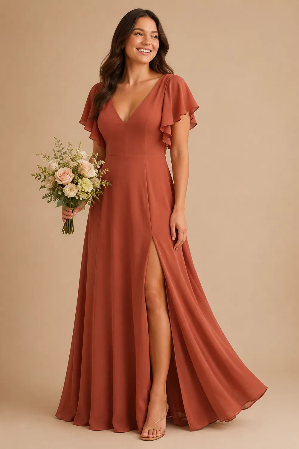 Flowing Flutter Sleeve Bridesmaid Dress
