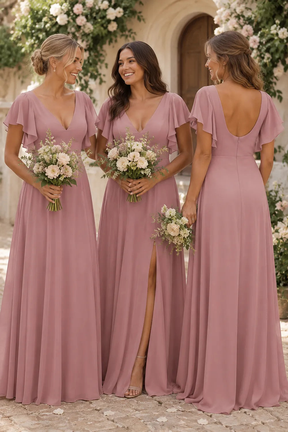 Flowing Flutter Sleeve Bridesmaid Dress