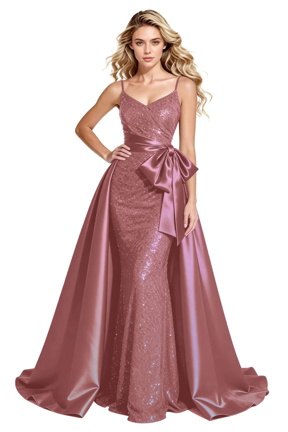Glamorous Sequin Formal Gown with Statement Satin Bow