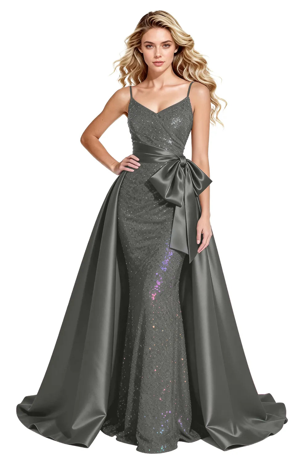 Glamorous Sequin Formal Gown with Statement Satin Bow