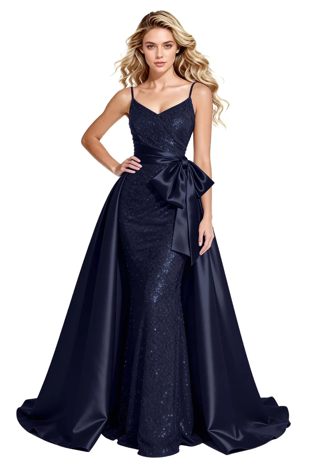 Glamorous Sequin Formal Gown with Statement Satin Bow