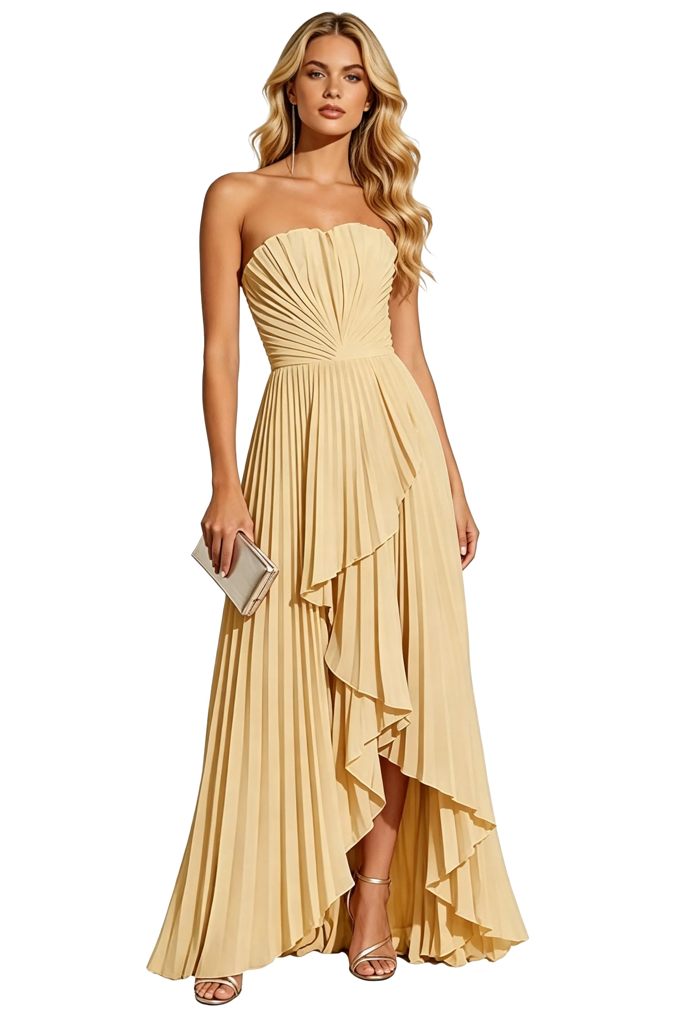 Statement Pleated Strapless High Slit Formal Gown