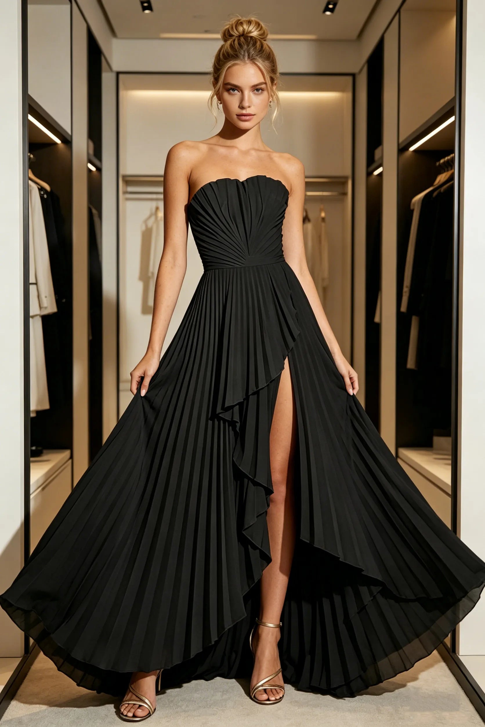 Statement Pleated Strapless High Slit Formal Gown