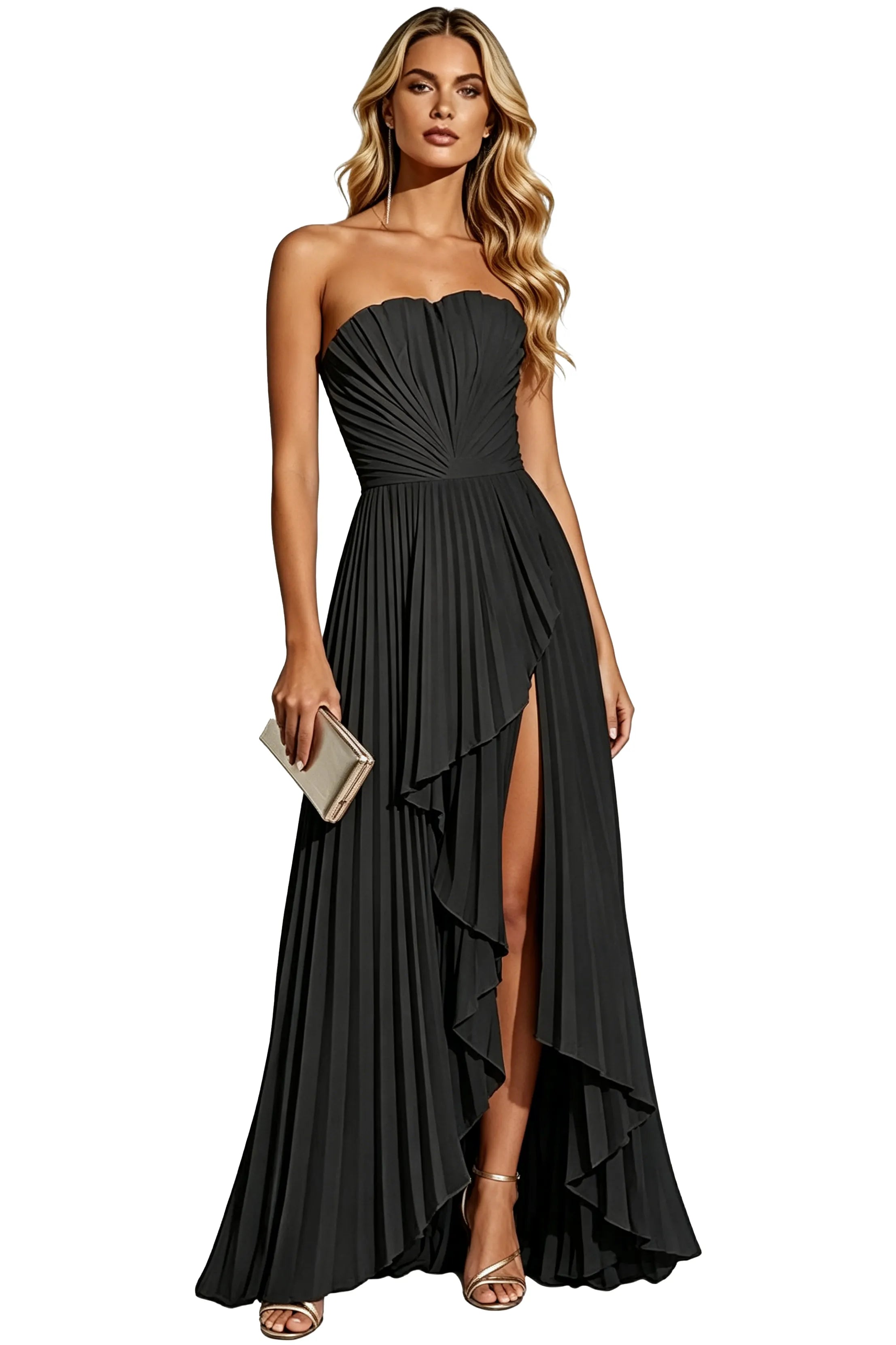 Statement Pleated Strapless High Slit Formal Gown