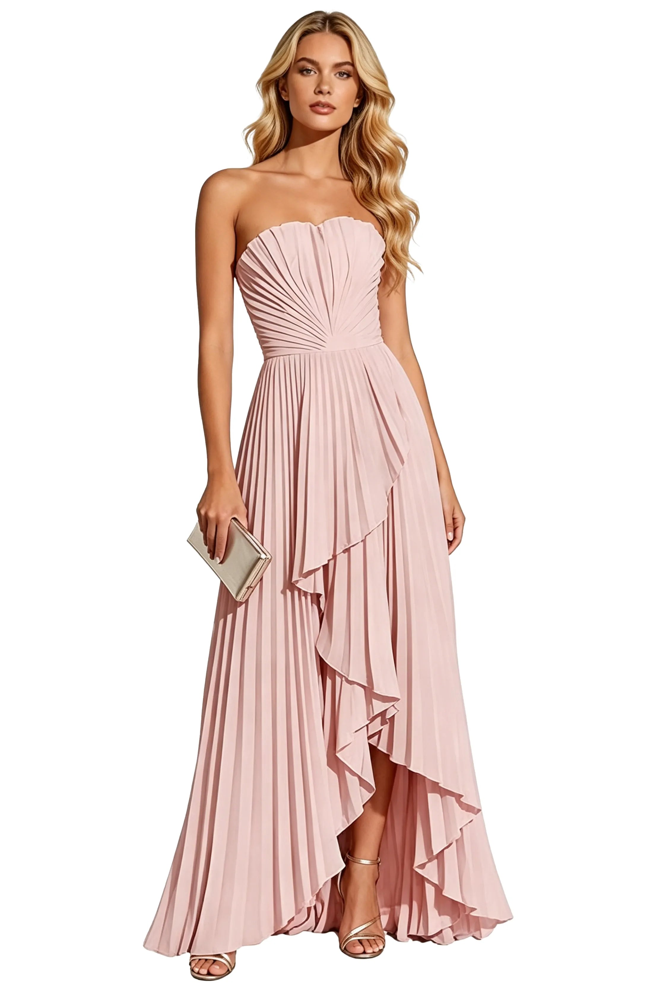 Statement Pleated Strapless High Slit Formal Gown