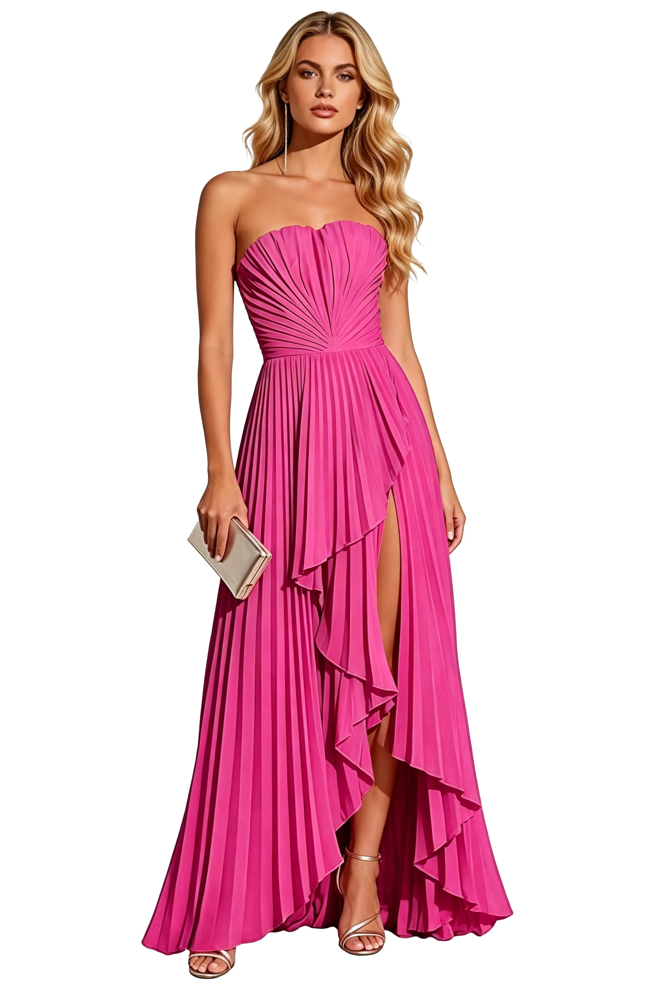 Statement Pleated Strapless High Slit Formal Gown