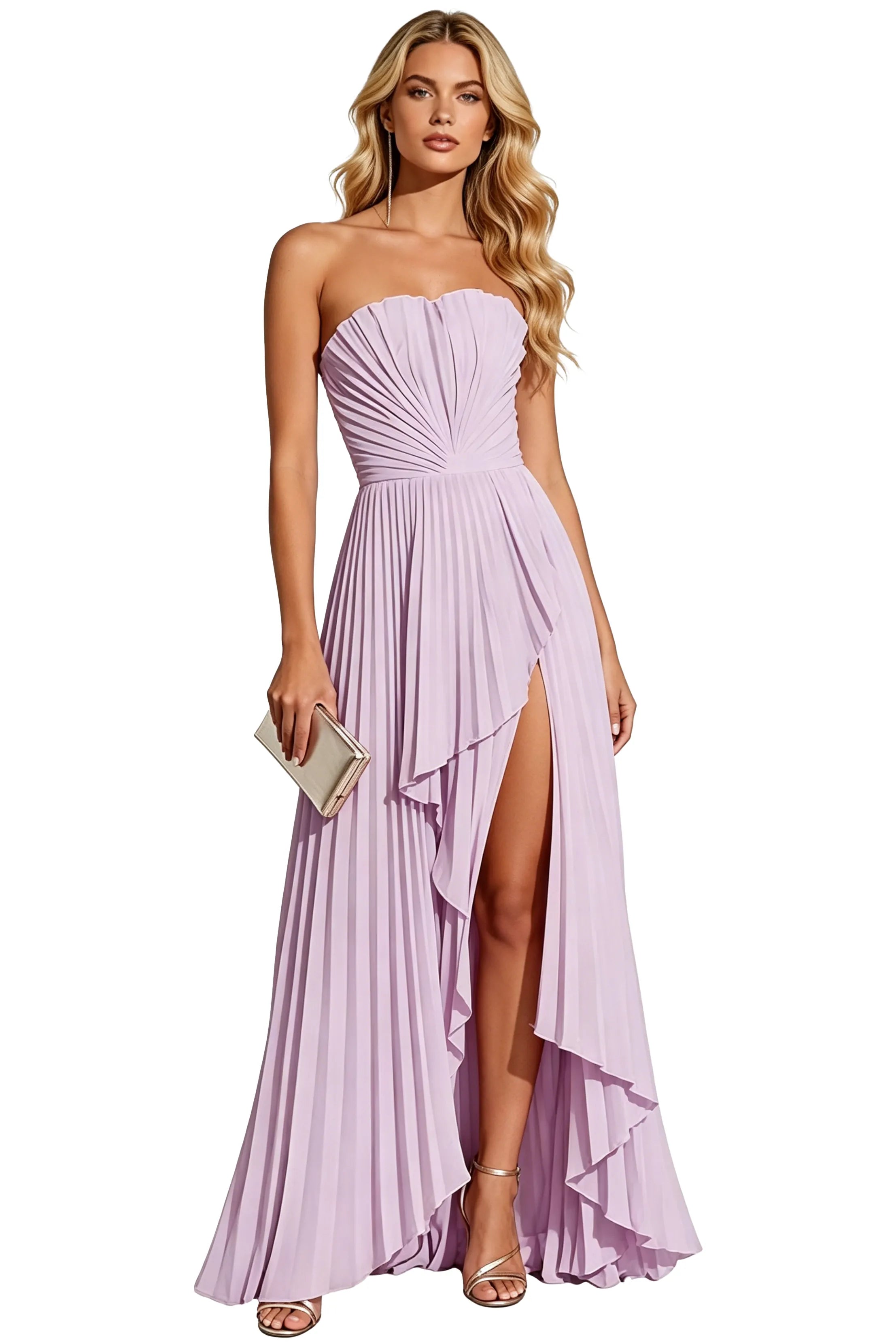 Statement Pleated Strapless High Slit Formal Gown