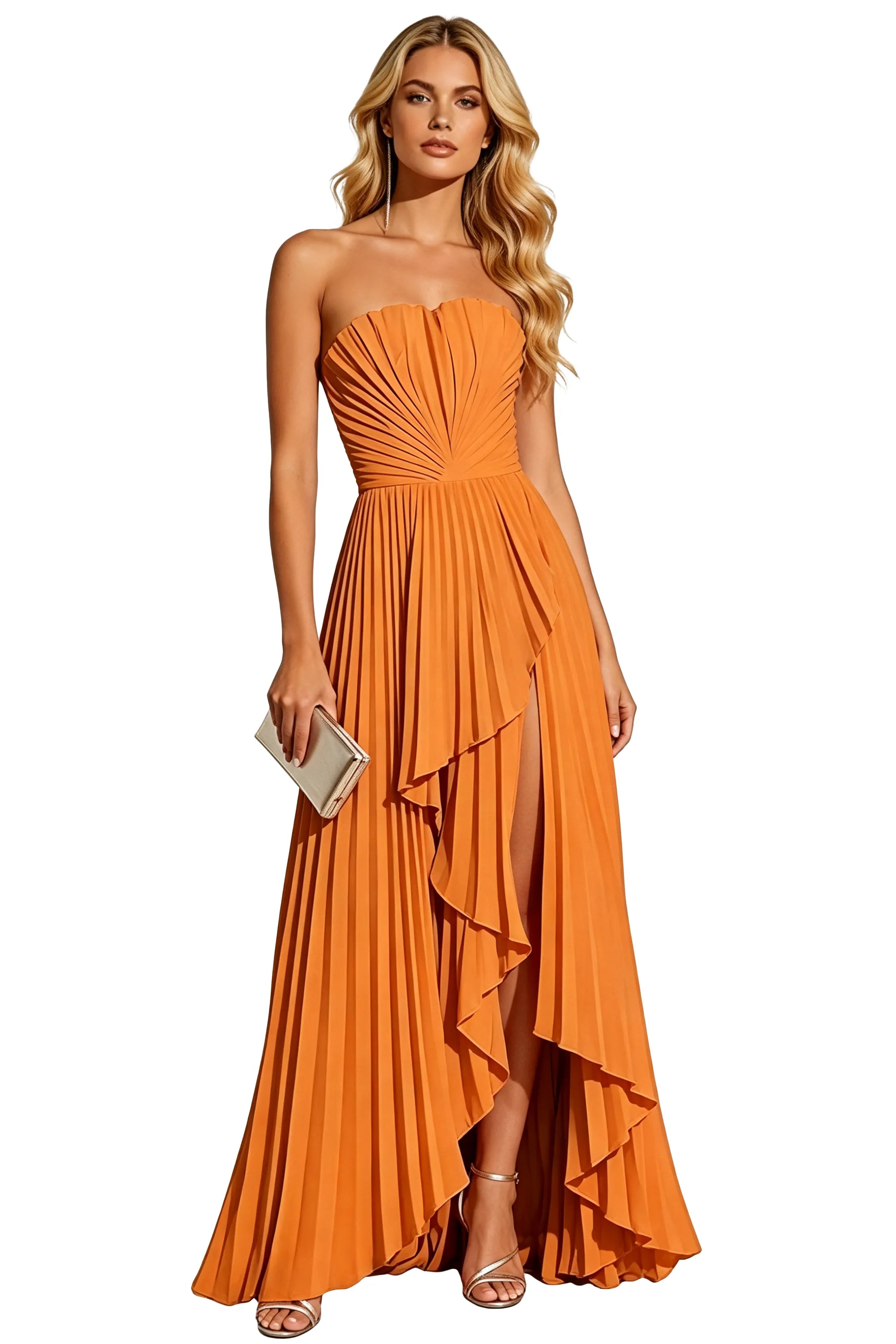 Statement Pleated Strapless High Slit Formal Gown