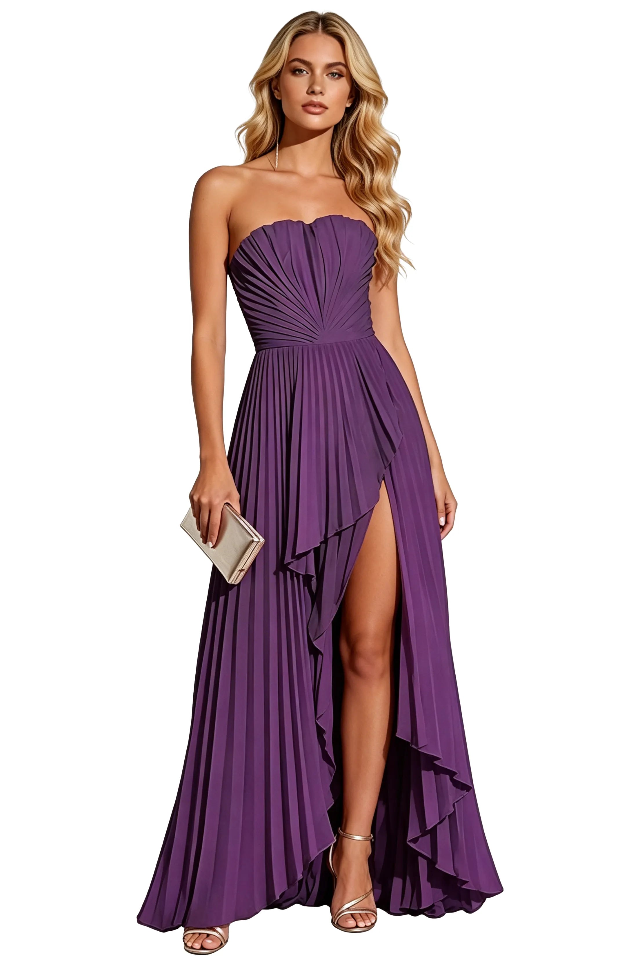 Statement Pleated Strapless High Slit Formal Gown