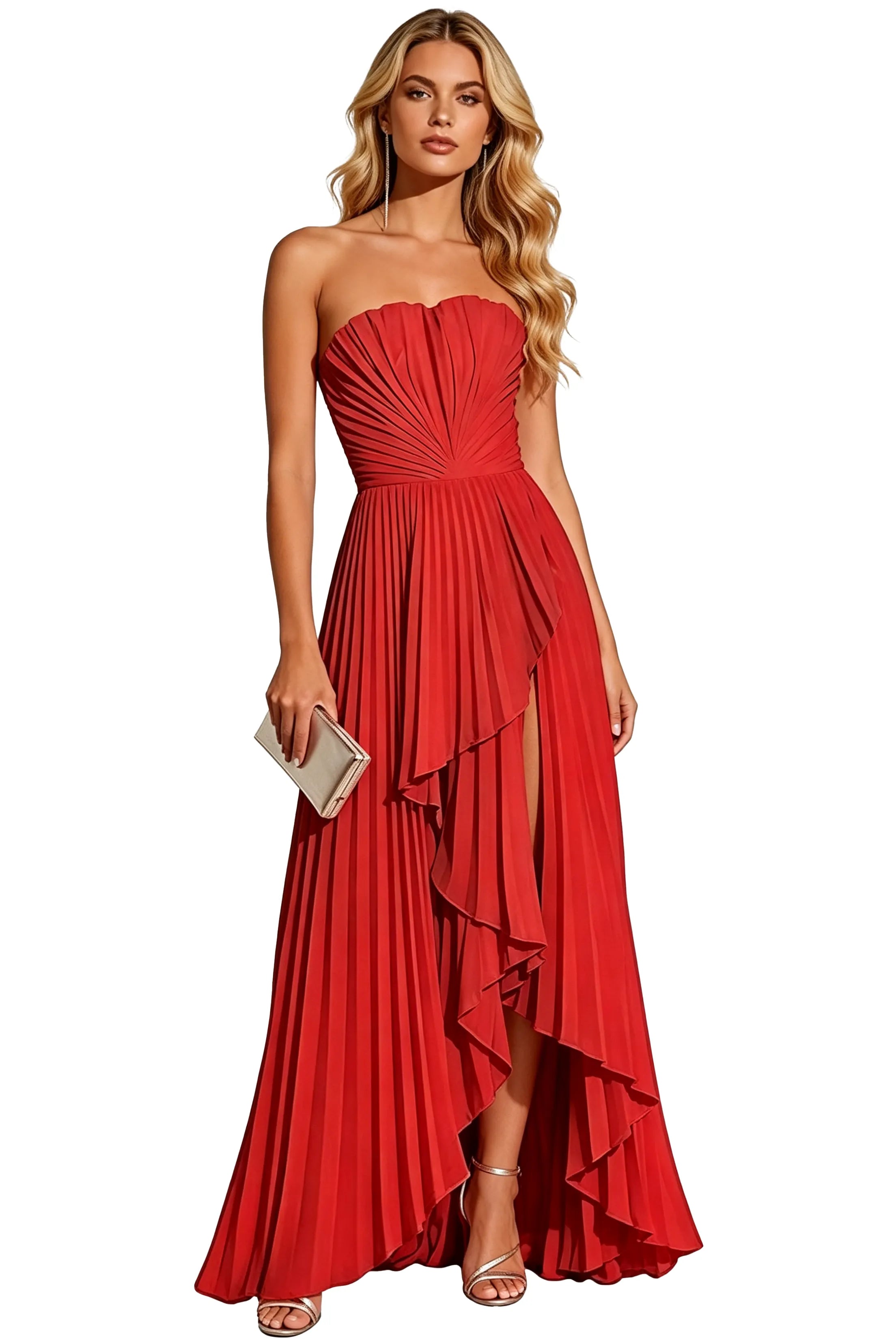 Statement Pleated Strapless High Slit Formal Gown