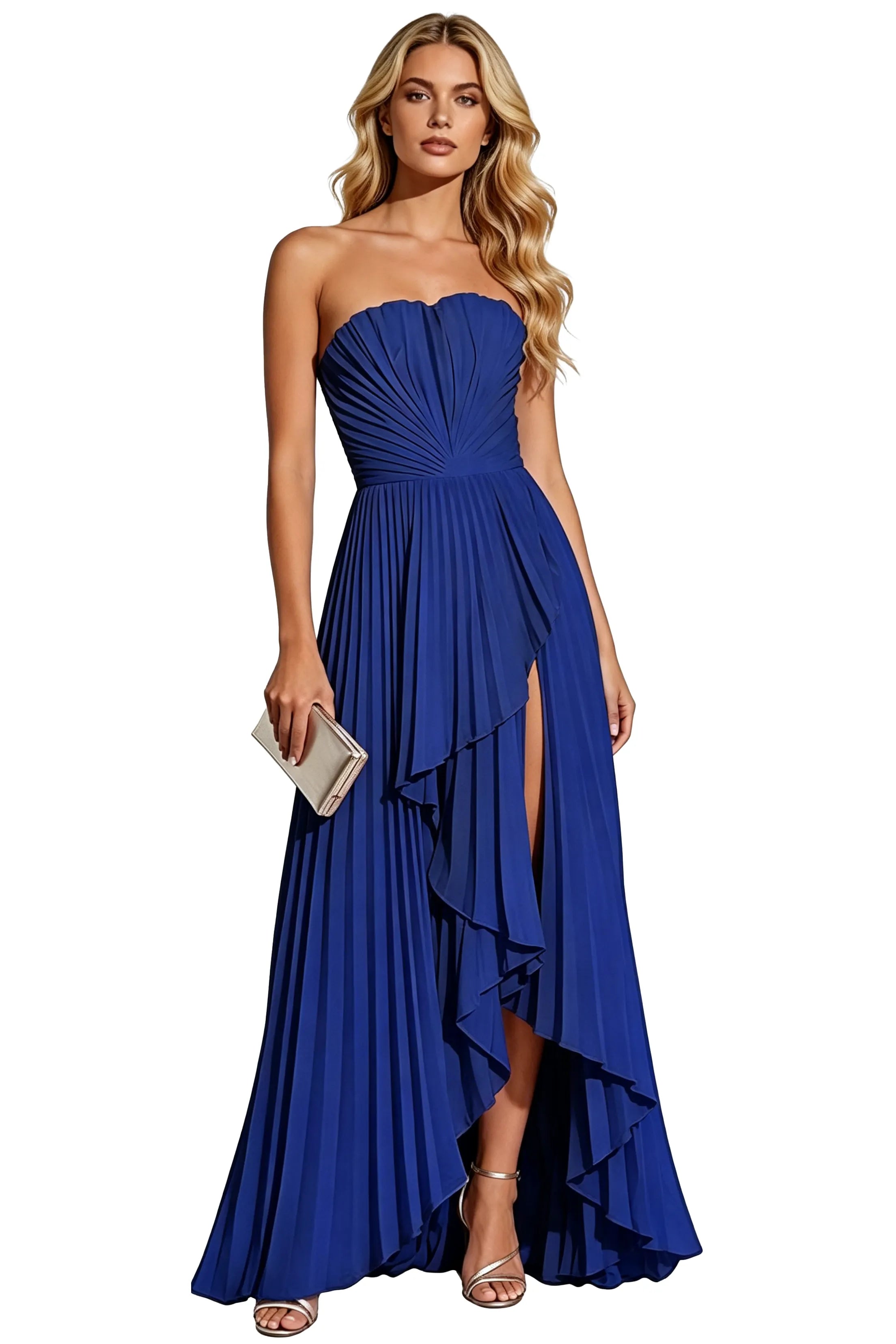 Statement Pleated Strapless High Slit Formal Gown