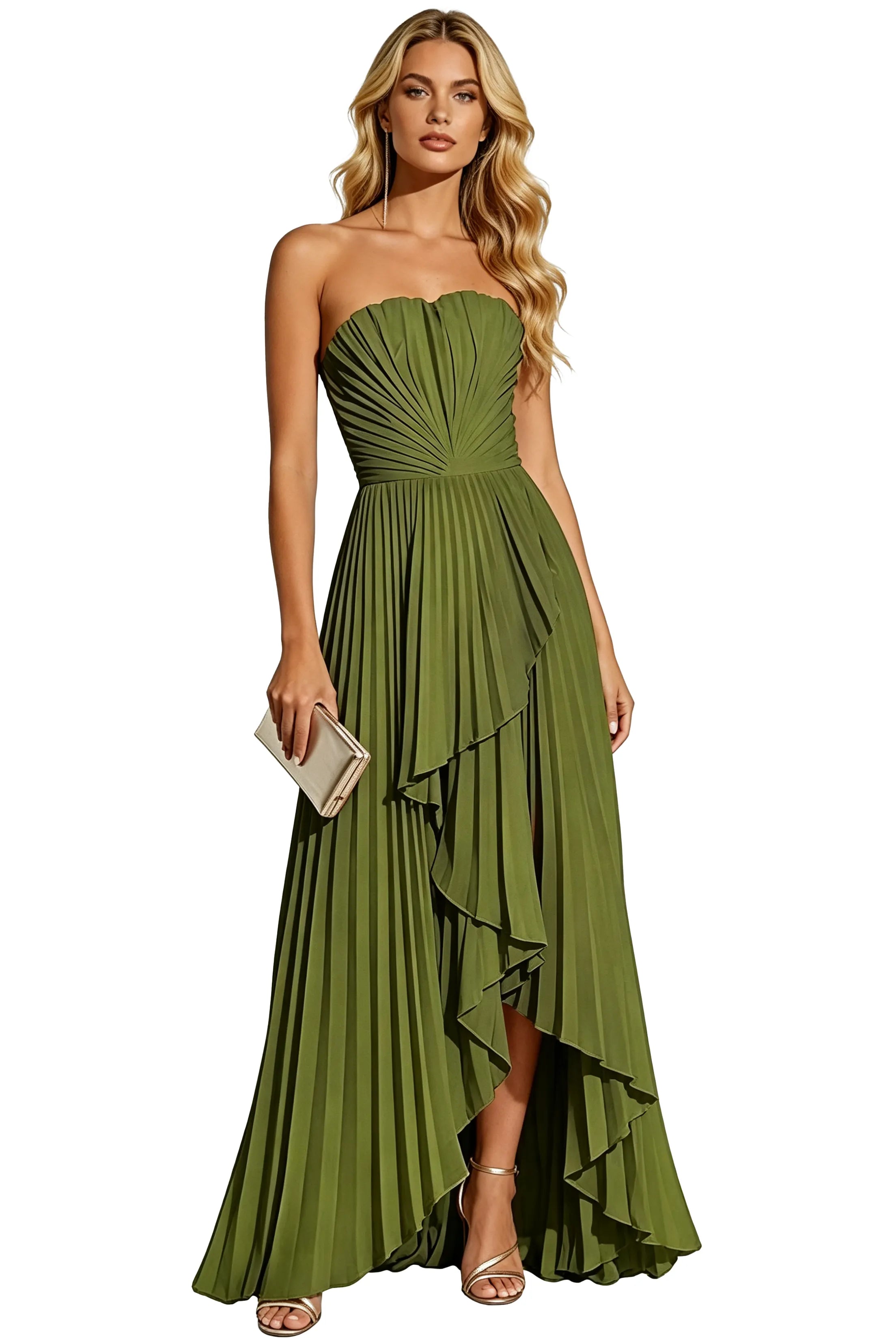 Statement Pleated Strapless High Slit Formal Gown