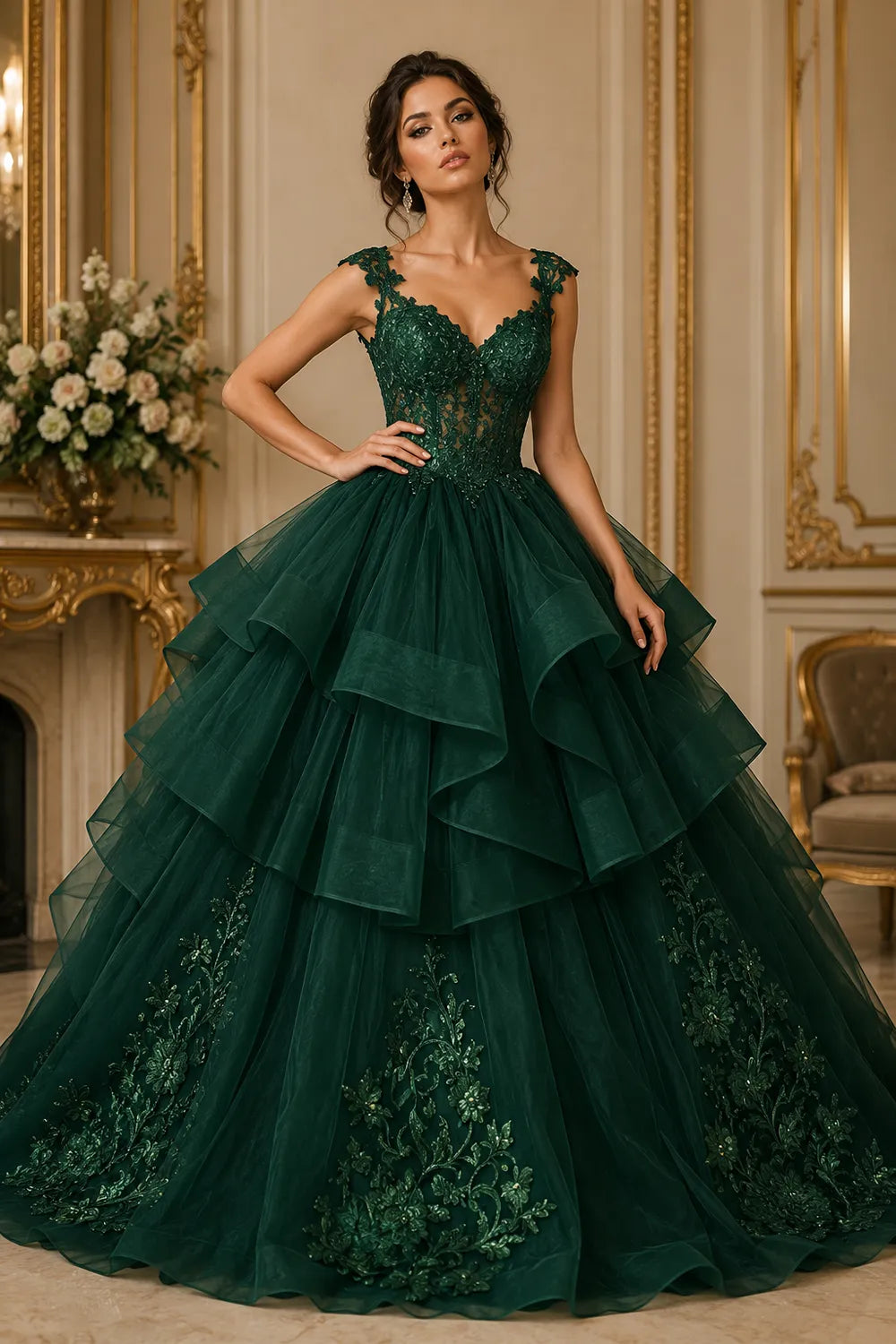 Luxury Embroidered Tiered Ball Gown with Back Bow