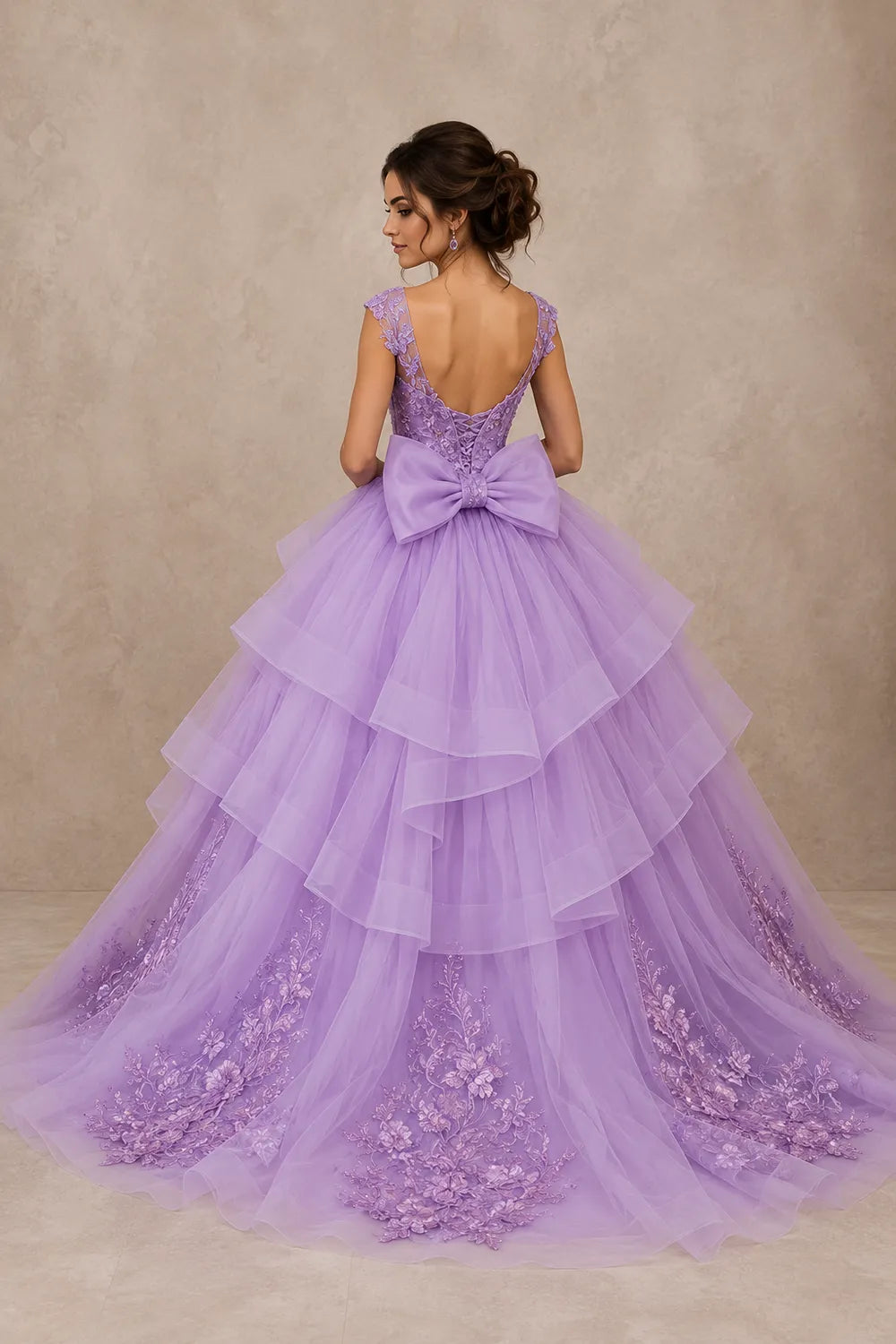 Luxury Embroidered Tiered Ball Gown with Back Bow