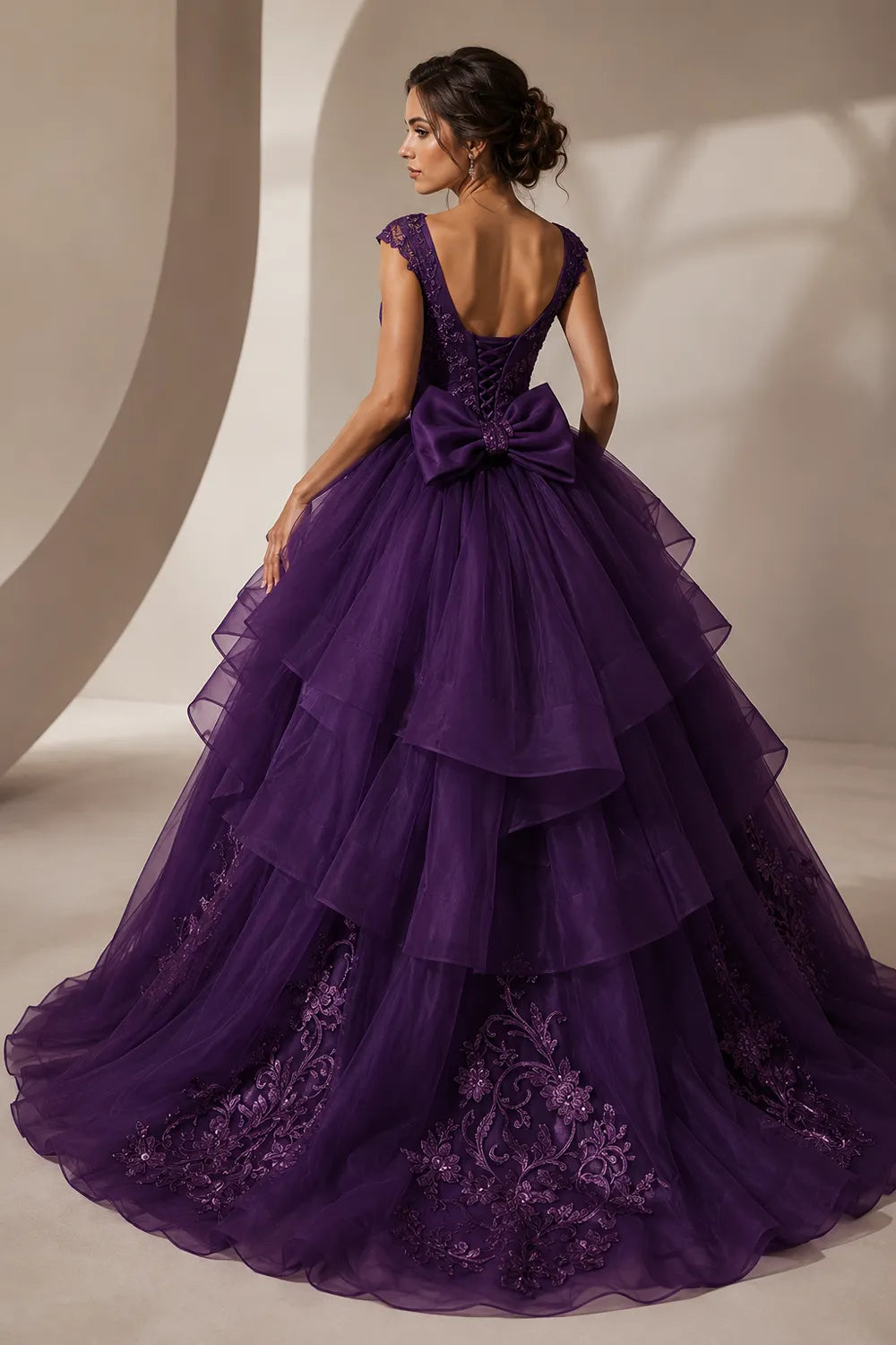Luxury Embroidered Tiered Ball Gown with Back Bow