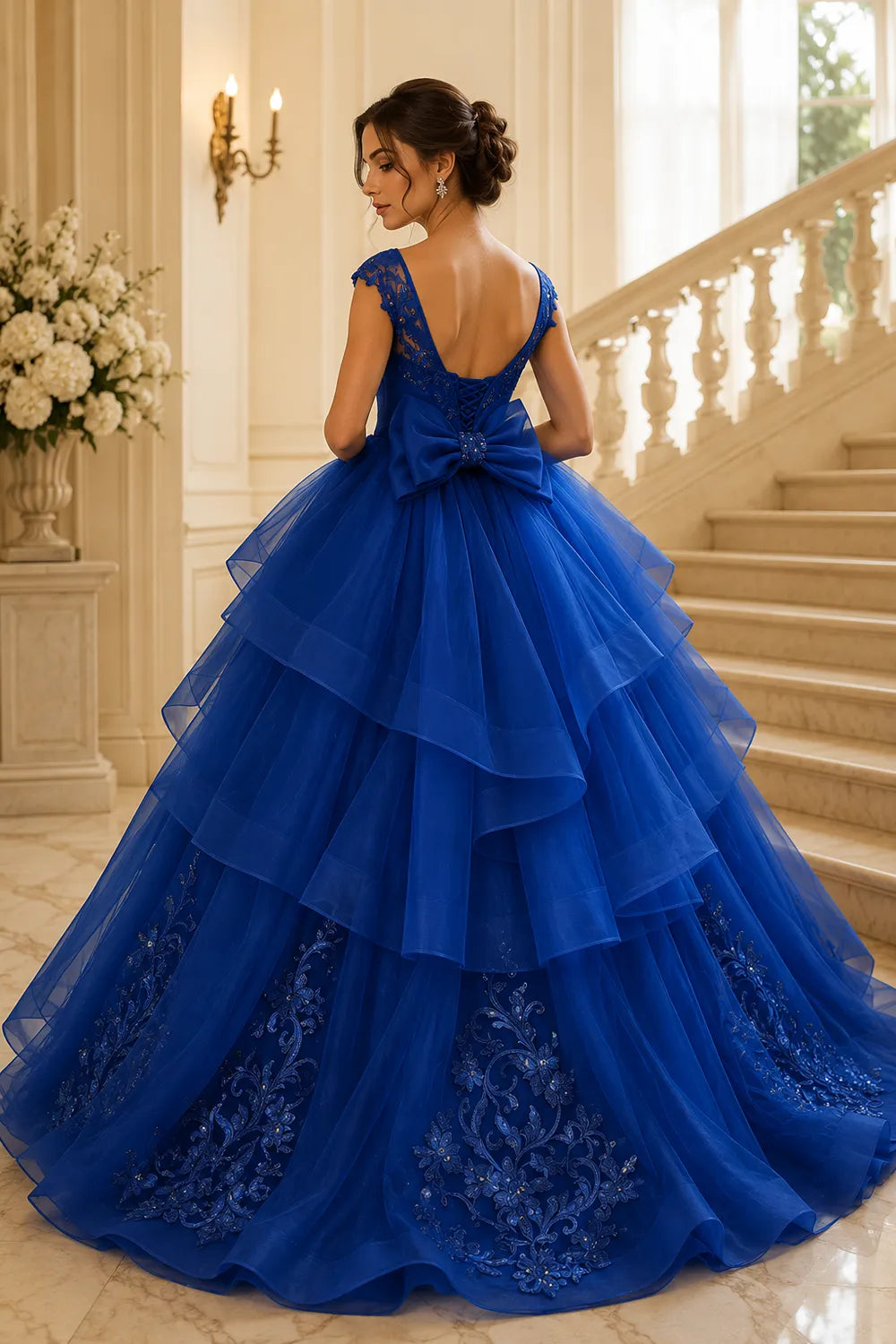 Luxury Embroidered Tiered Ball Gown with Back Bow