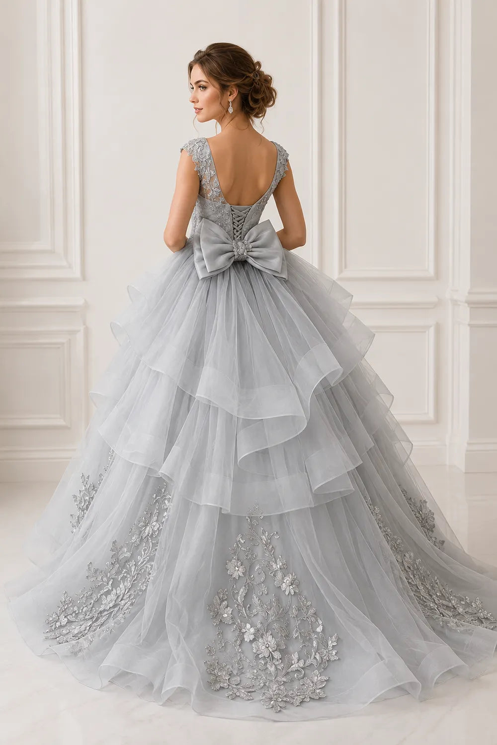 Luxury Embroidered Tiered Ball Gown with Back Bow