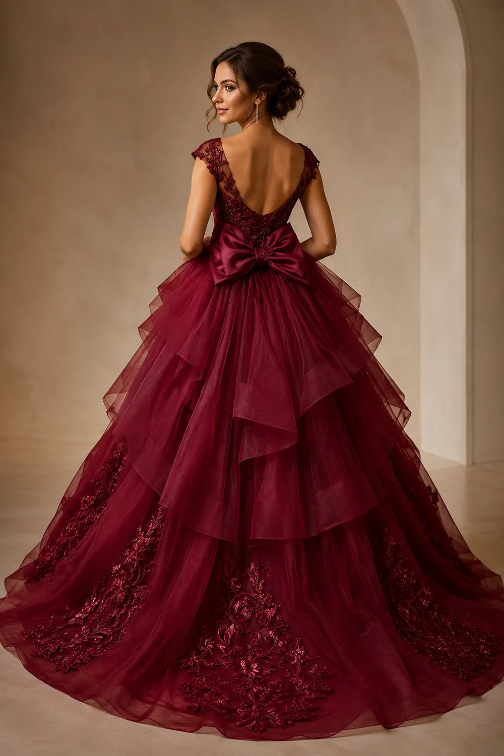 Luxury Embroidered Tiered Ball Gown with Back Bow