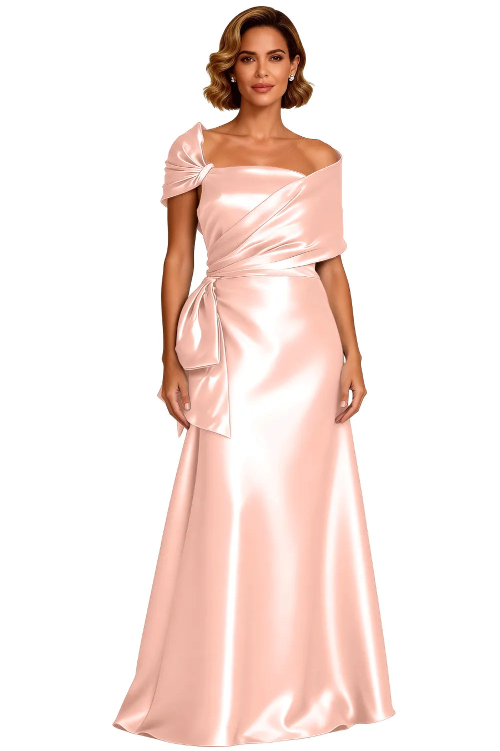 Asymmetrical Neck Floor Length Satin Formal Evening Gown