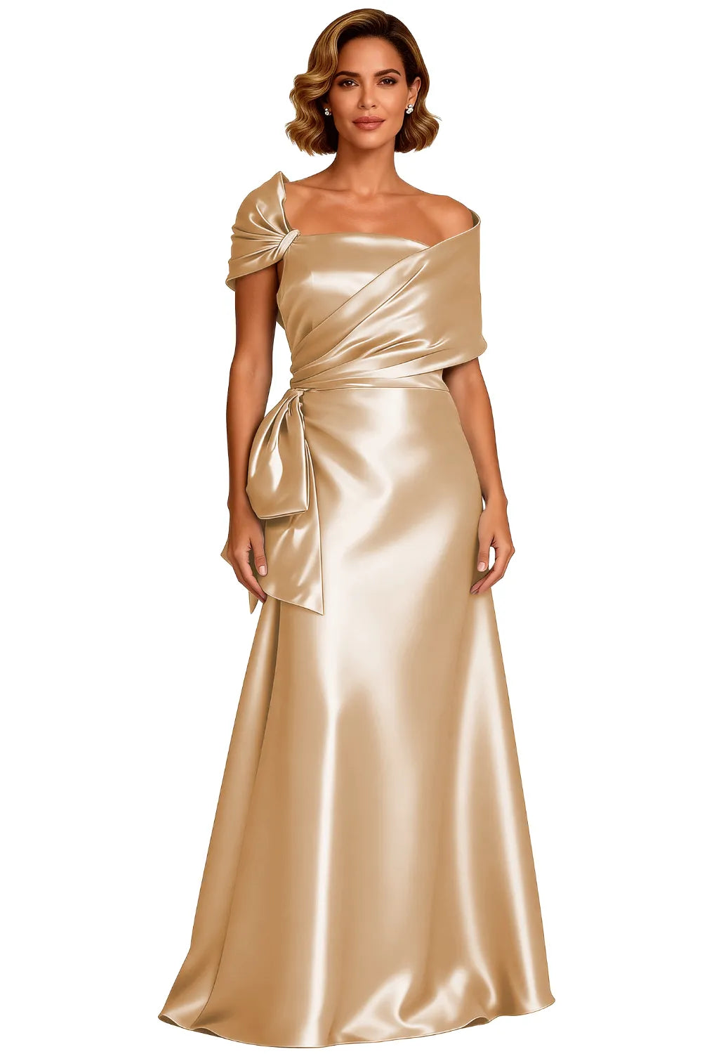 Asymmetrical Neck Floor Length Satin Formal Evening Gown