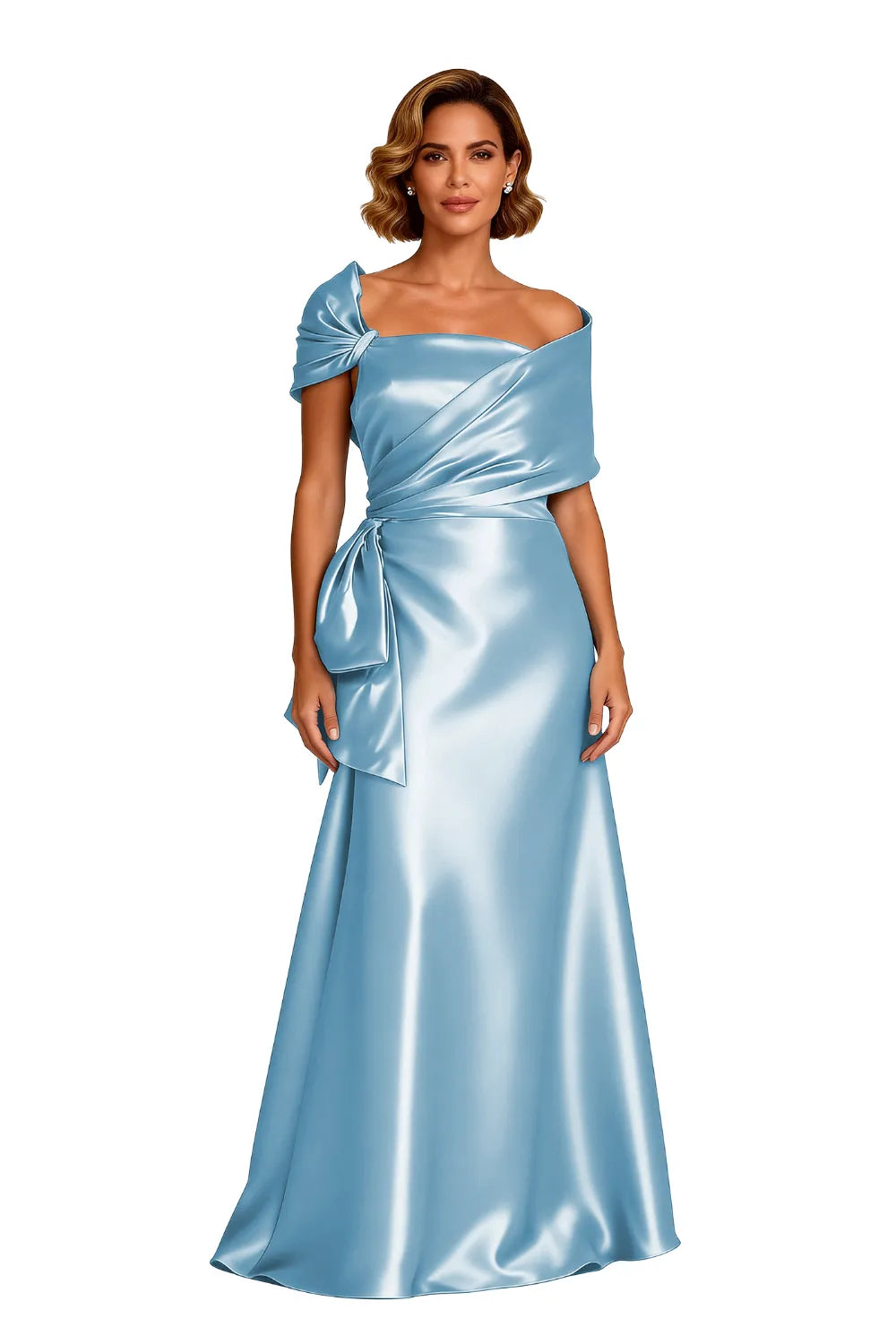Asymmetrical Neck Floor Length Satin Formal Evening Gown