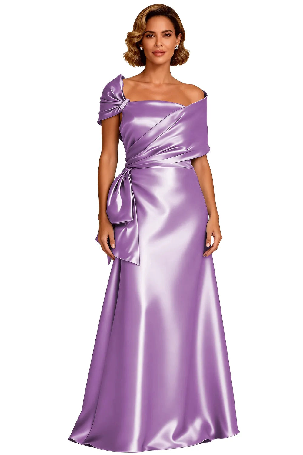 Asymmetrical Neck Floor Length Satin Formal Evening Gown