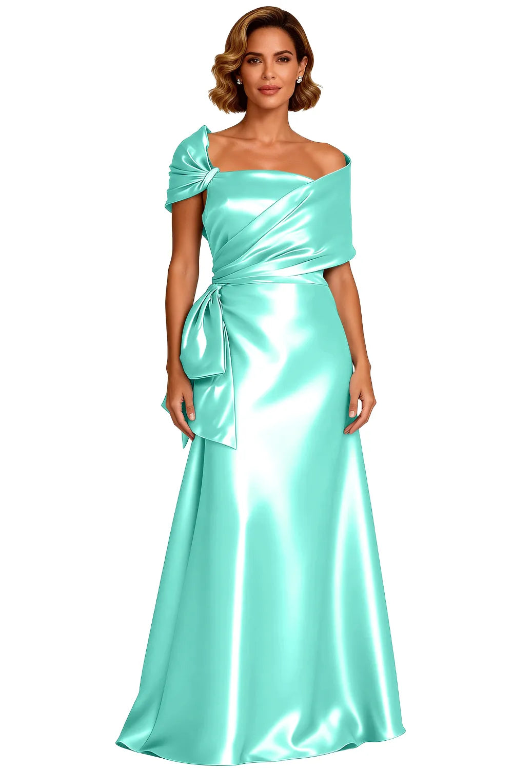 Asymmetrical Neck Floor Length Satin Formal Evening Gown