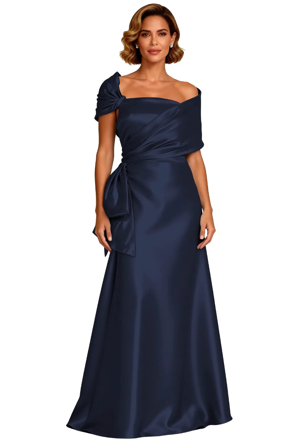 Asymmetrical Neck Floor Length Satin Formal Evening Gown
