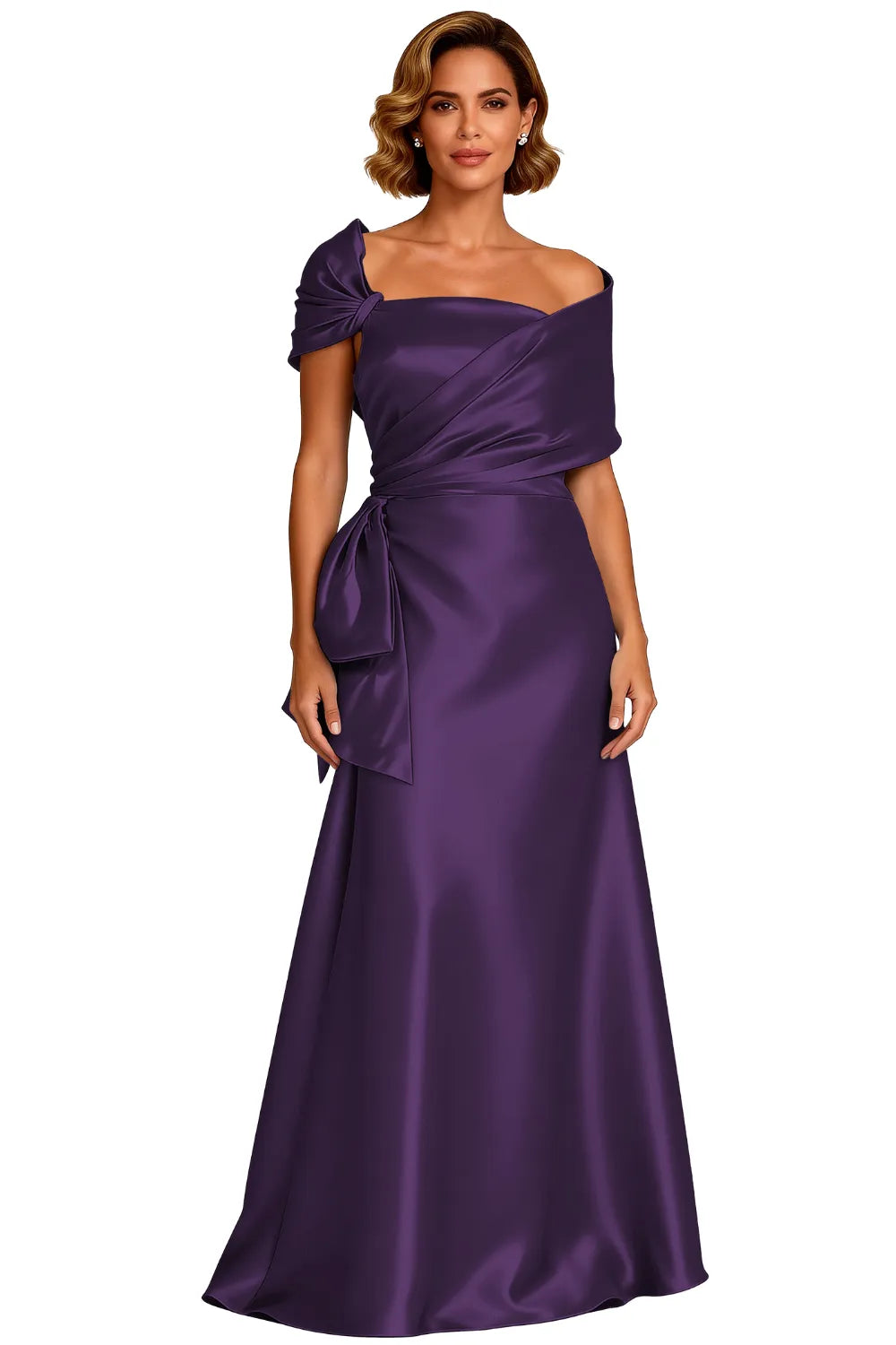 Asymmetrical Neck Floor Length Satin Formal Evening Gown