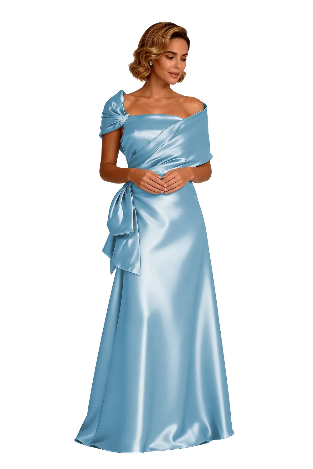 Asymmetrical Neck Floor Length Satin Formal Evening Gown