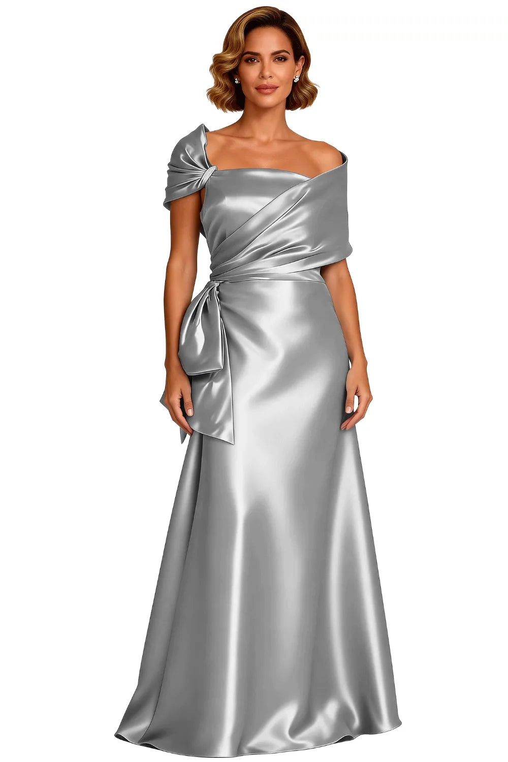 Asymmetrical Neck Floor Length Satin Formal Evening Gown