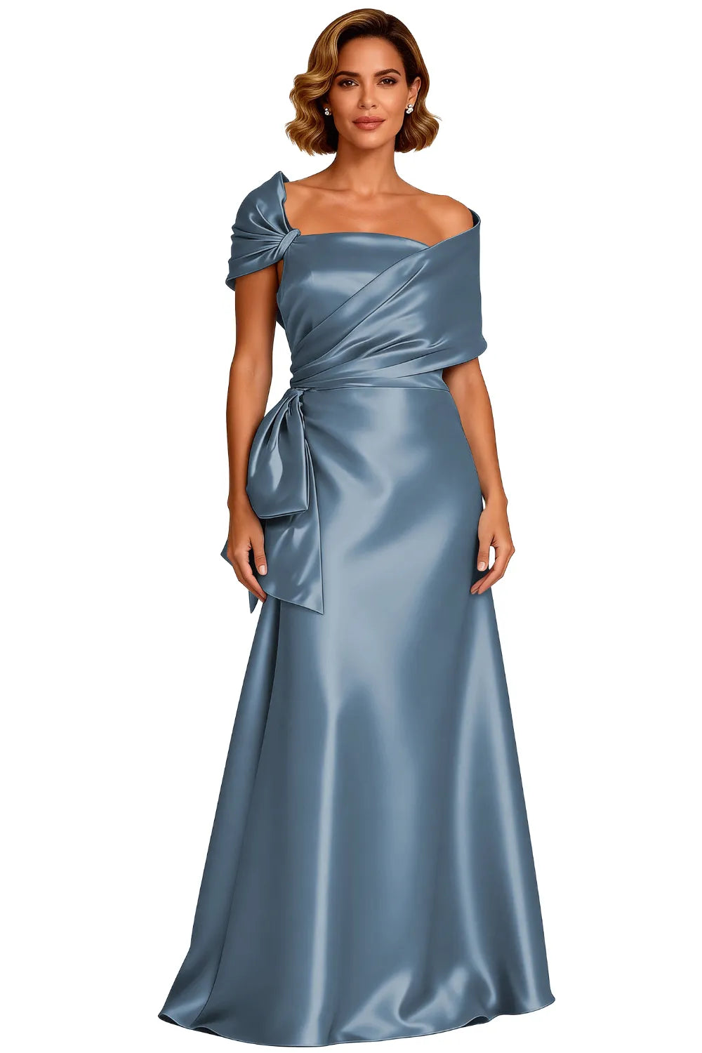Asymmetrical Neck Floor Length Satin Formal Evening Gown
