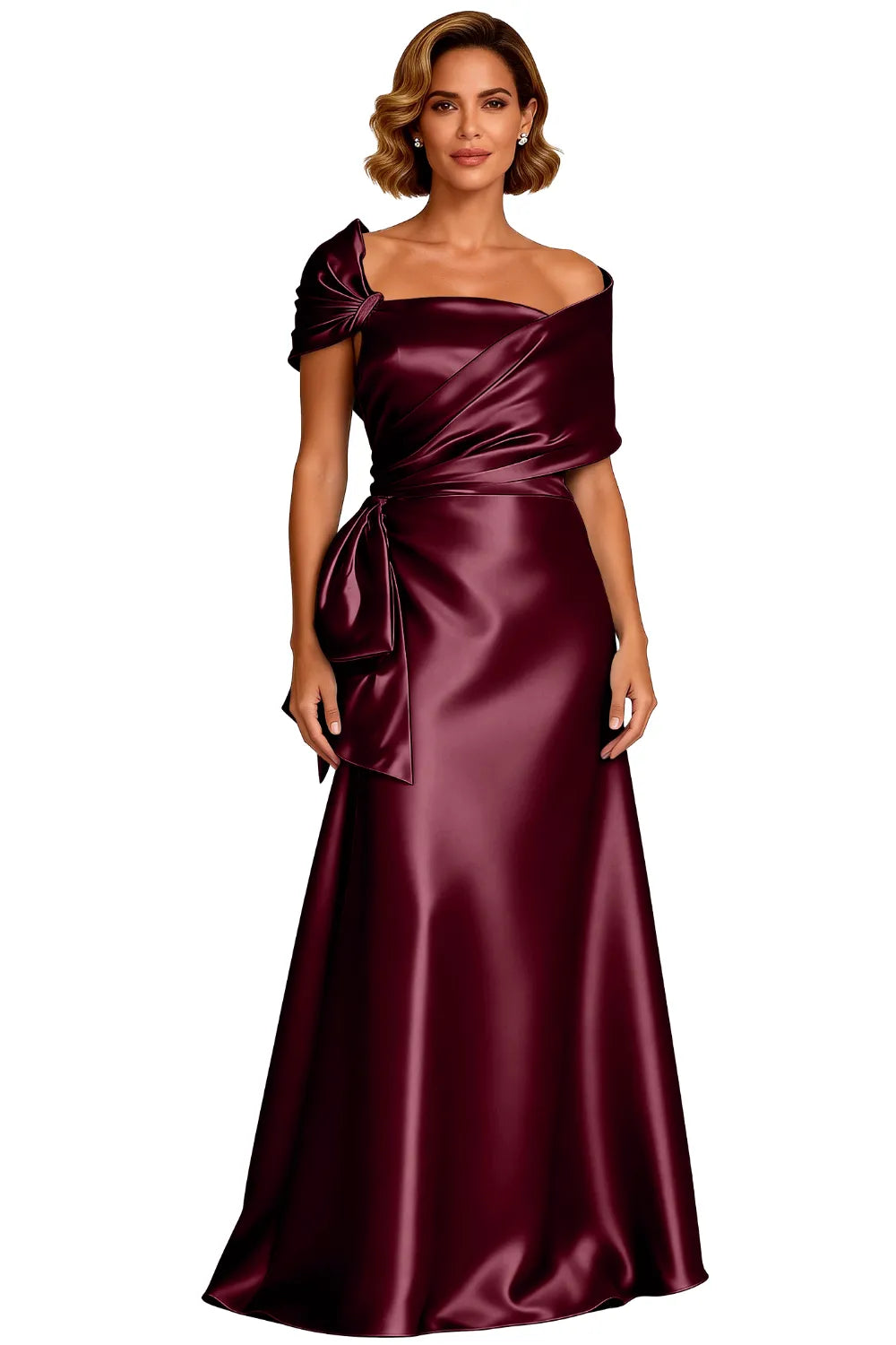 Asymmetrical Neck Floor Length Satin Formal Evening Gown