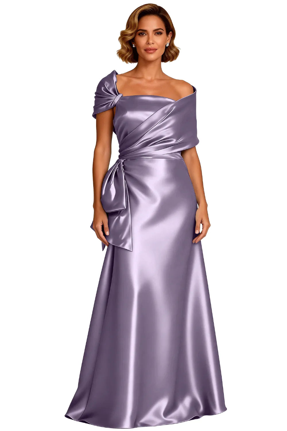 Asymmetrical Neck Floor Length Satin Formal Evening Gown