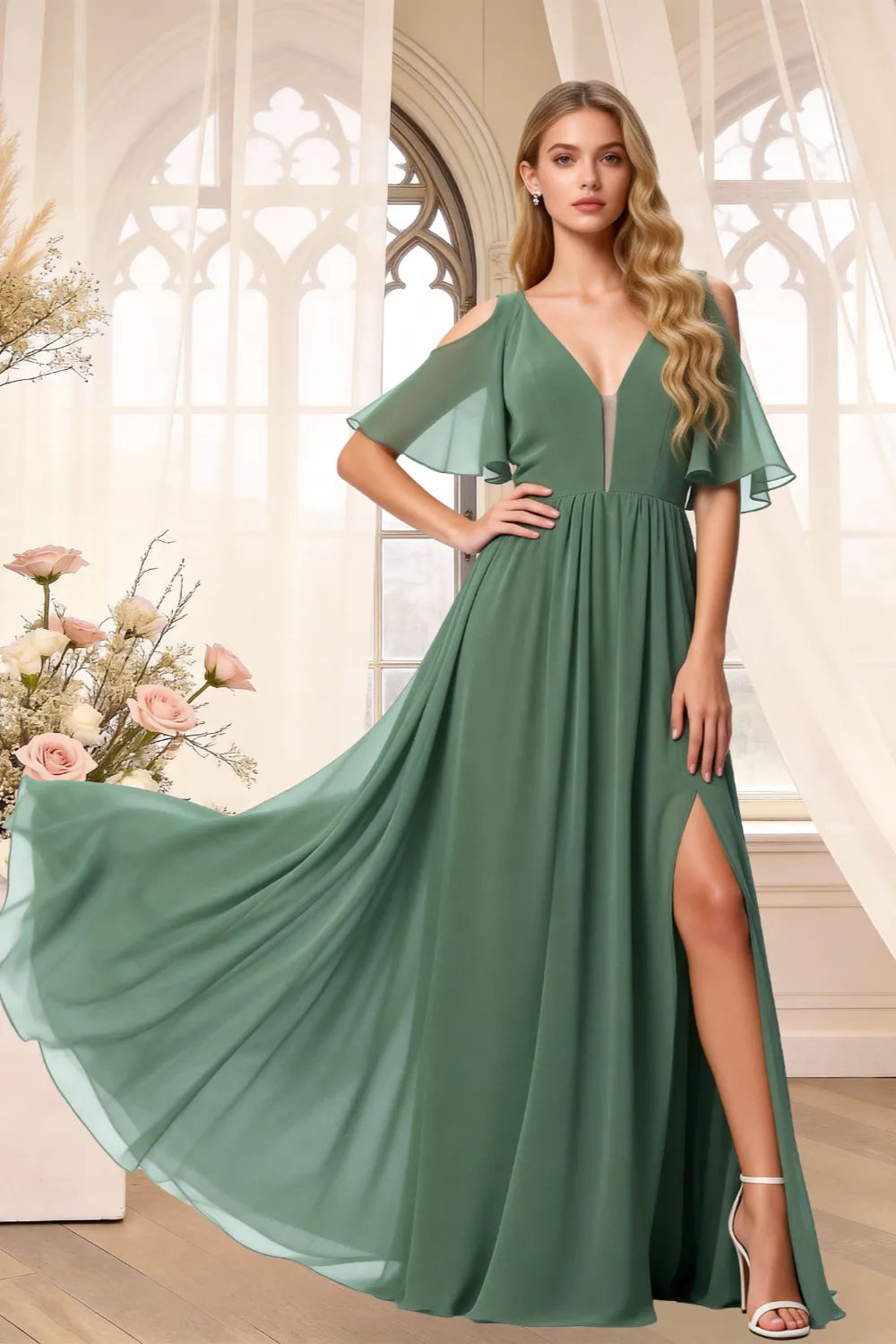 Romantic V-Neck Chiffon Bridesmaid Maxi Dress
