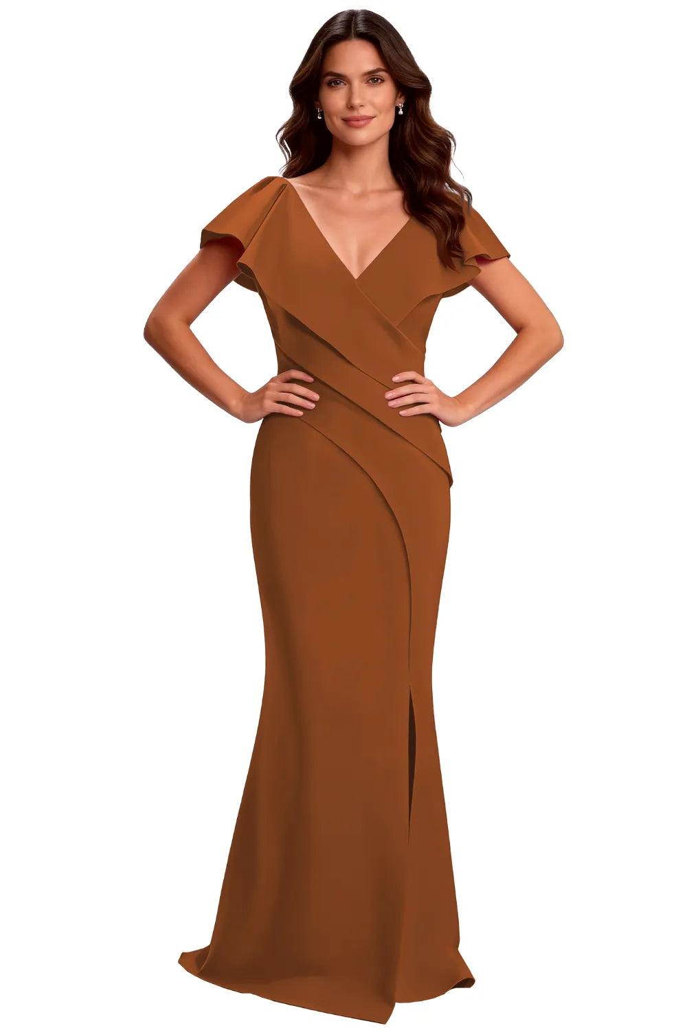 V-Neck Draped Flutter Sleeve Formal Maxi Gown
