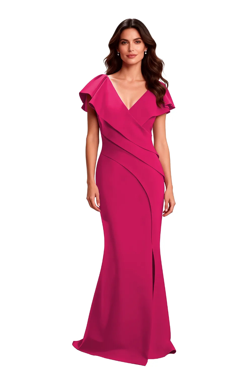 V-Neck Draped Flutter Sleeve Formal Maxi Gown