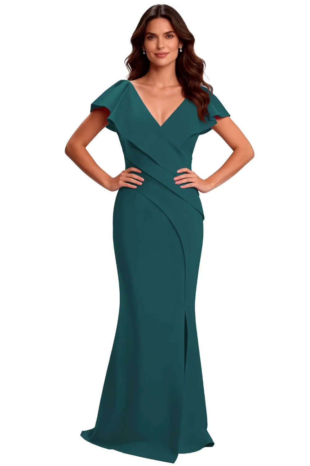 V-Neck Draped Flutter Sleeve Formal Maxi Gown