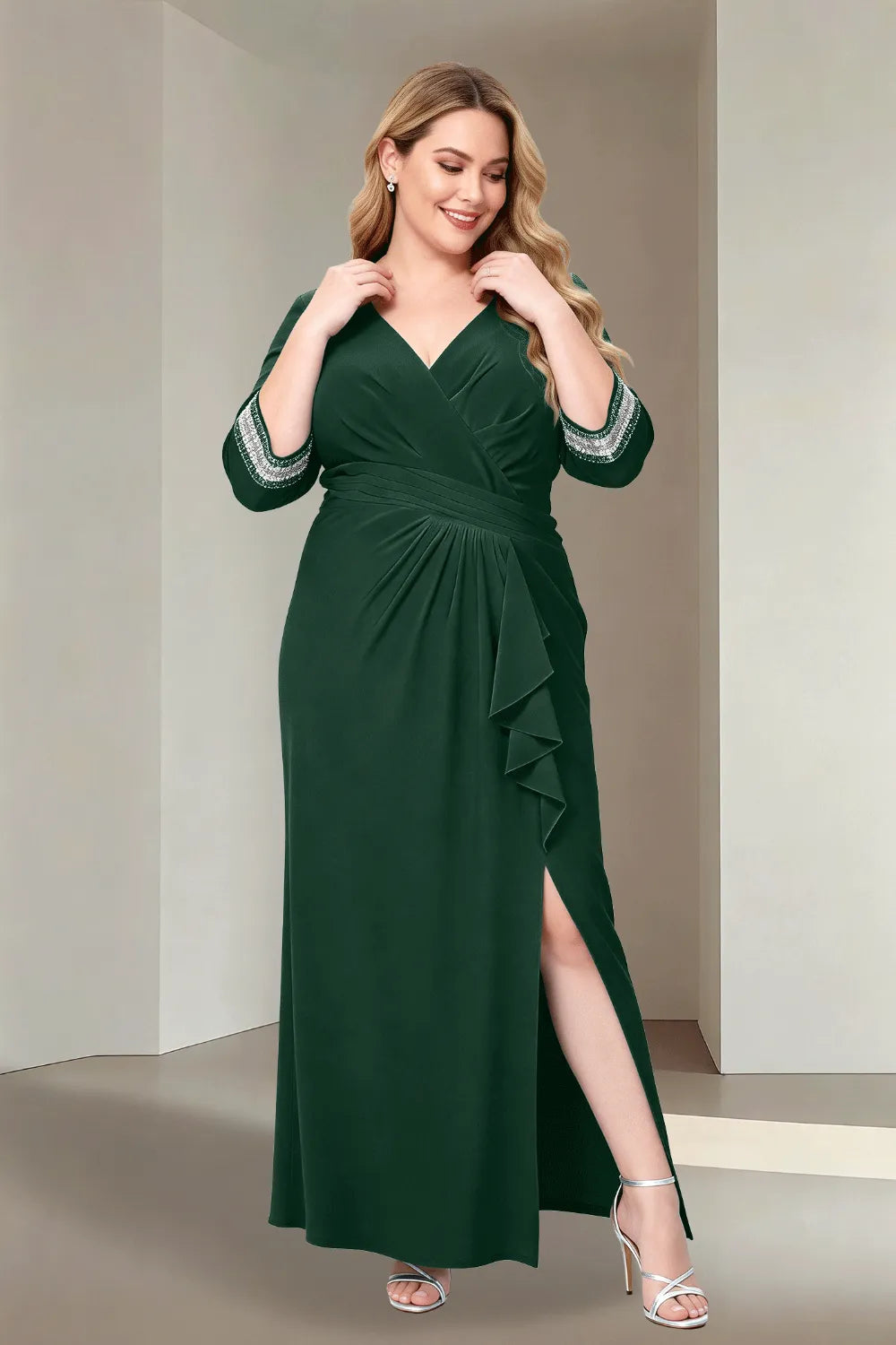 Plus Size V-Neck Wrap Evening Dress with Side Slit
