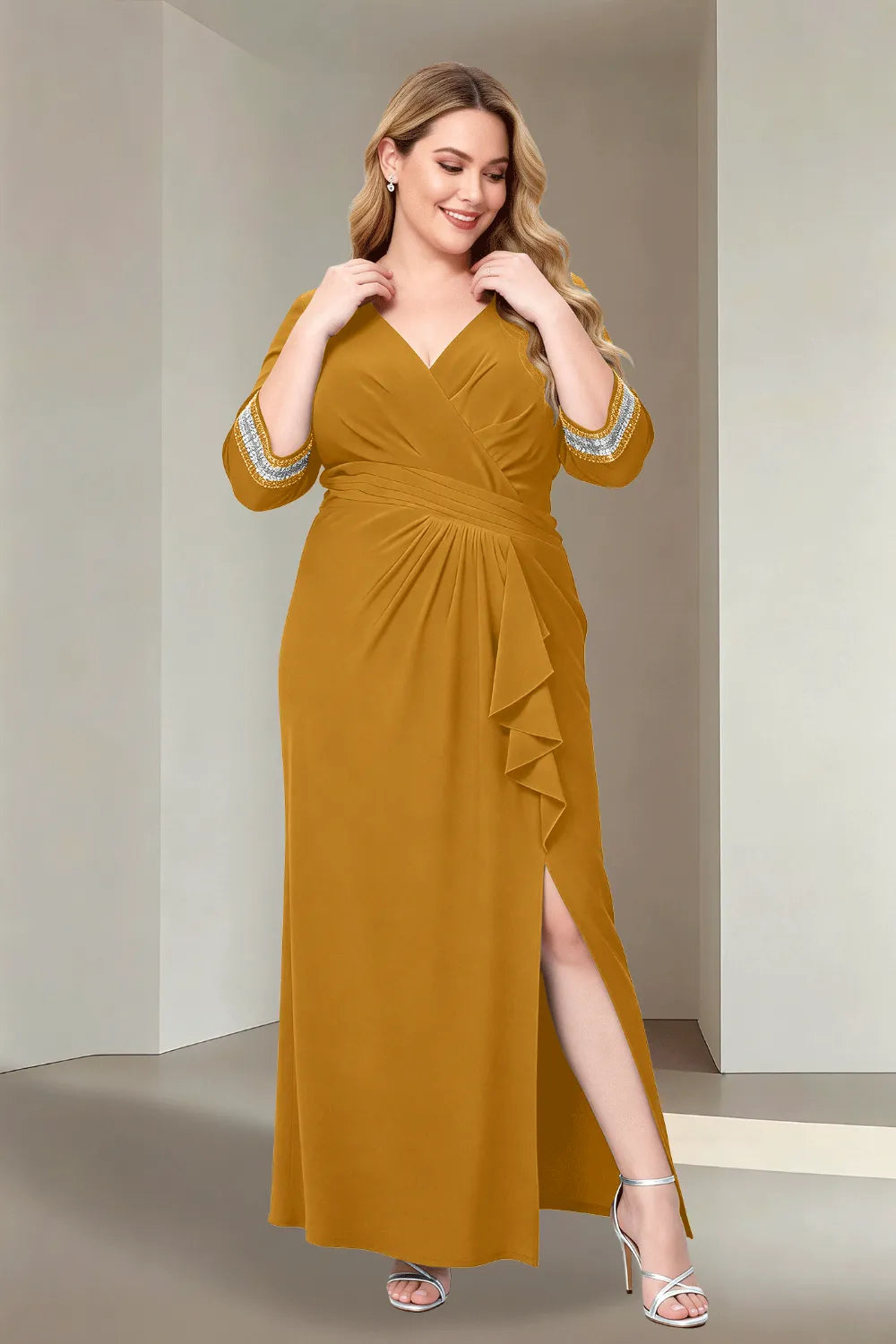 Plus Size V-Neck Wrap Evening Dress with Side Slit