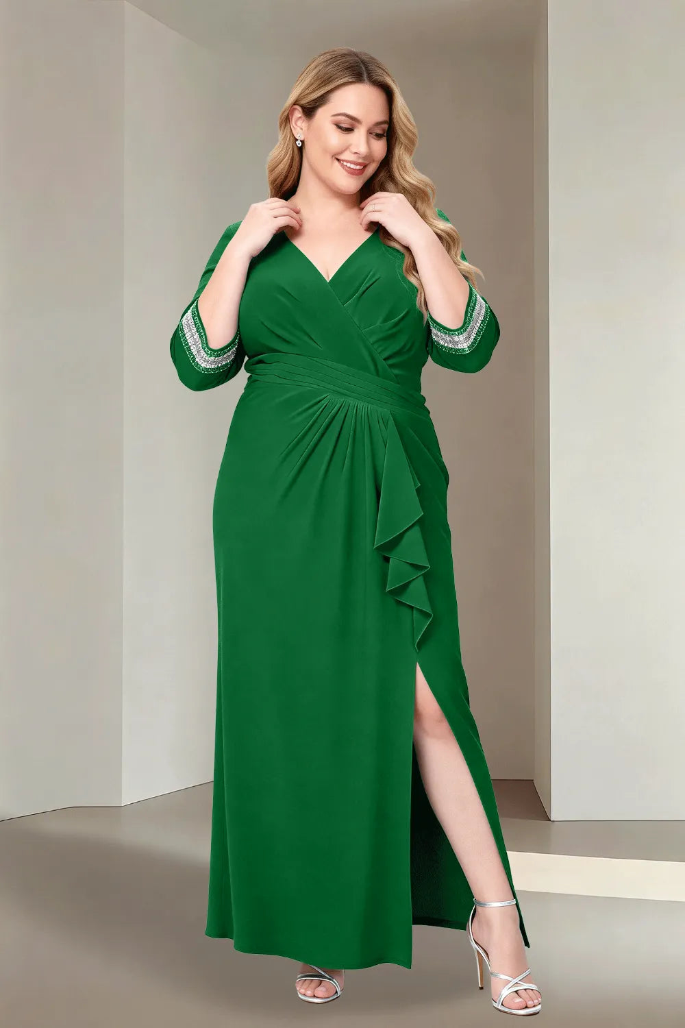 Plus Size V-Neck Wrap Evening Dress with Side Slit
