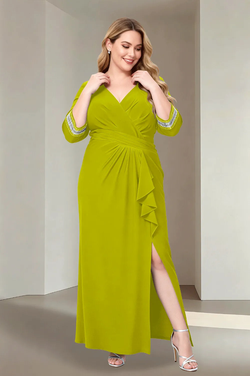 Plus Size V-Neck Wrap Evening Dress with Side Slit