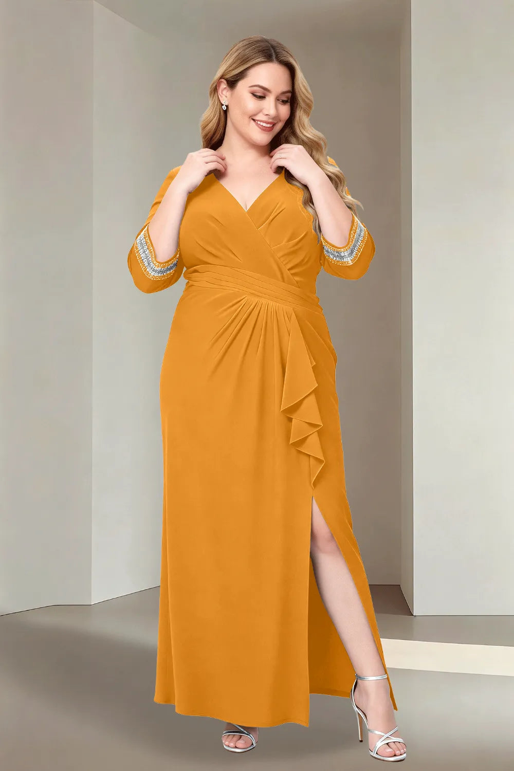 Plus Size V-Neck Wrap Evening Dress with Side Slit