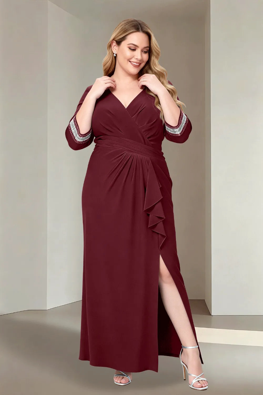 Plus Size V-Neck Wrap Evening Dress with Side Slit
