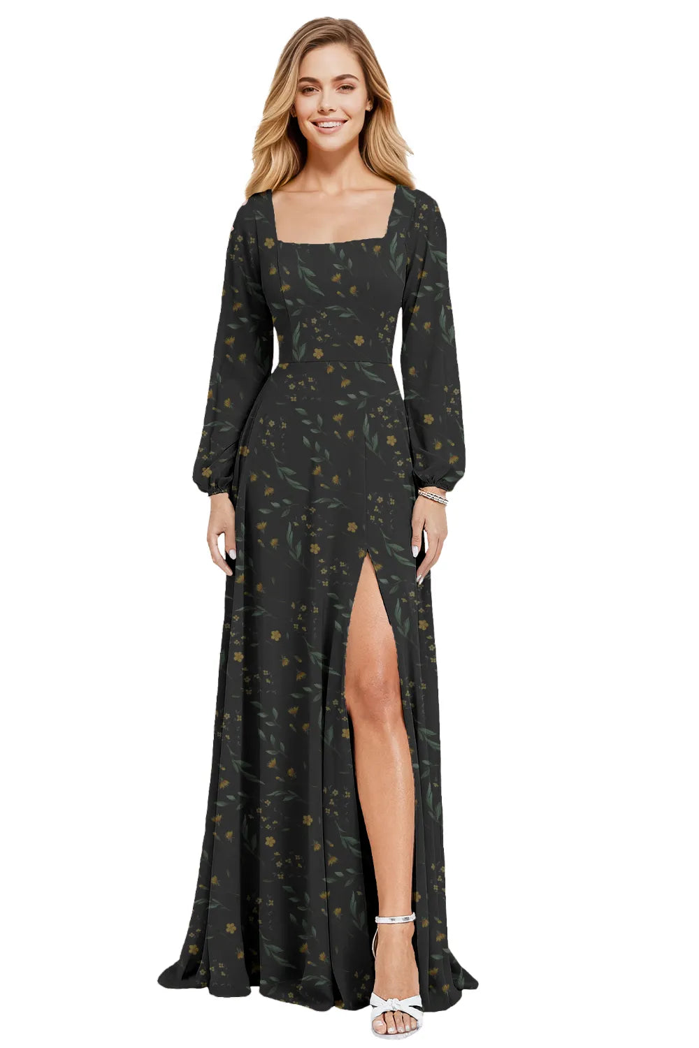 Floral Chiffon Maxi Evening Dress with Square Neckline