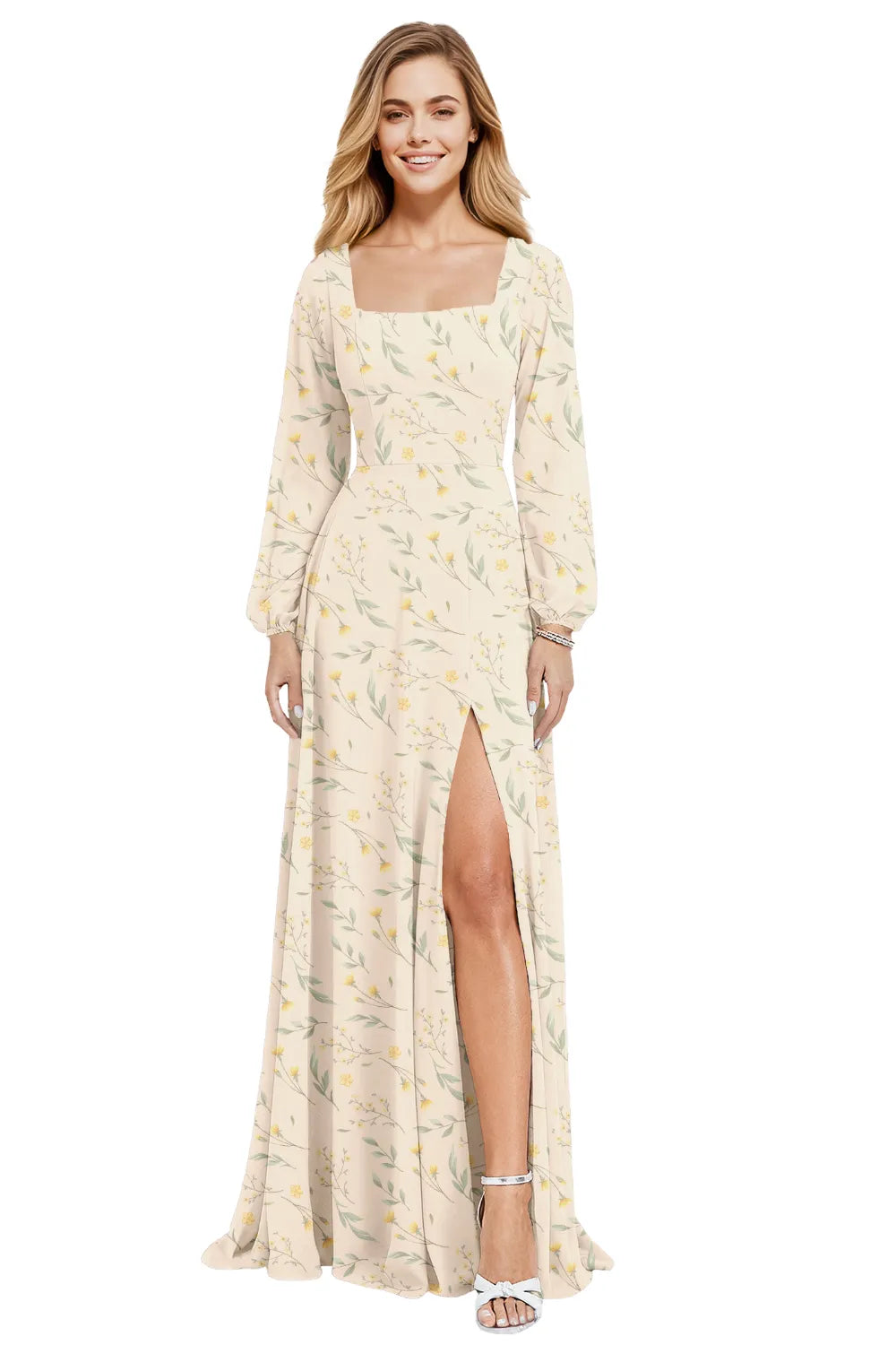 Floral Chiffon Maxi Evening Dress with Square Neckline